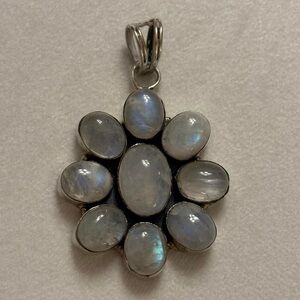 Vintage 925 Sterling Silver Large Statement Floral Moonstone Necklace Pendant
